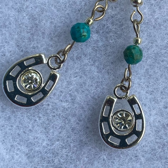 Horse Shoe Charm Earrings with Turquoise Bead - Picture 2 of 2